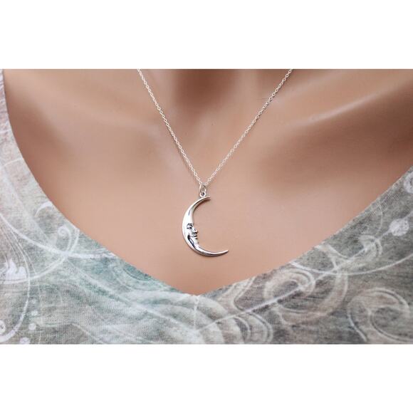 Sterling Silver Large Smiling Moon Pendant, Silver Large Smiling Moon Charm - Picture 3 of 3